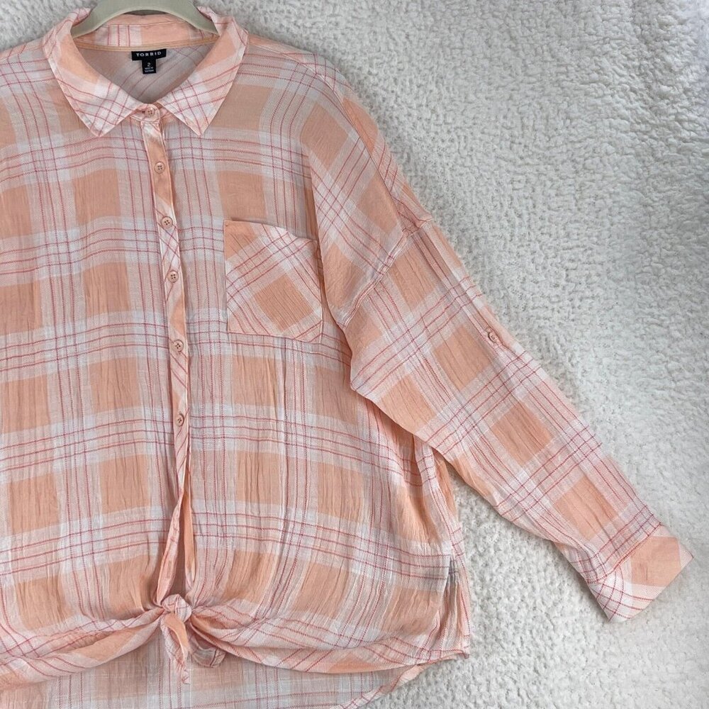 Torrid Plaid Pink Lindsay Drop Shoulder Button-Down Shirt Womens Plus Size 2X - Picture 4 of 16